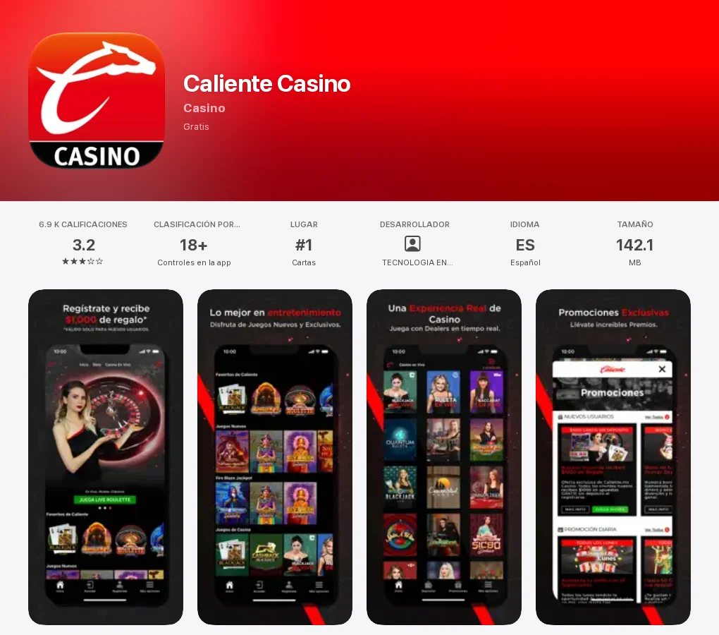 Ficha de Caliente Casino en la App Store de México: 3.2 con 6.9 mil calificaciones, número 1 en Cartas y 142.1 MB