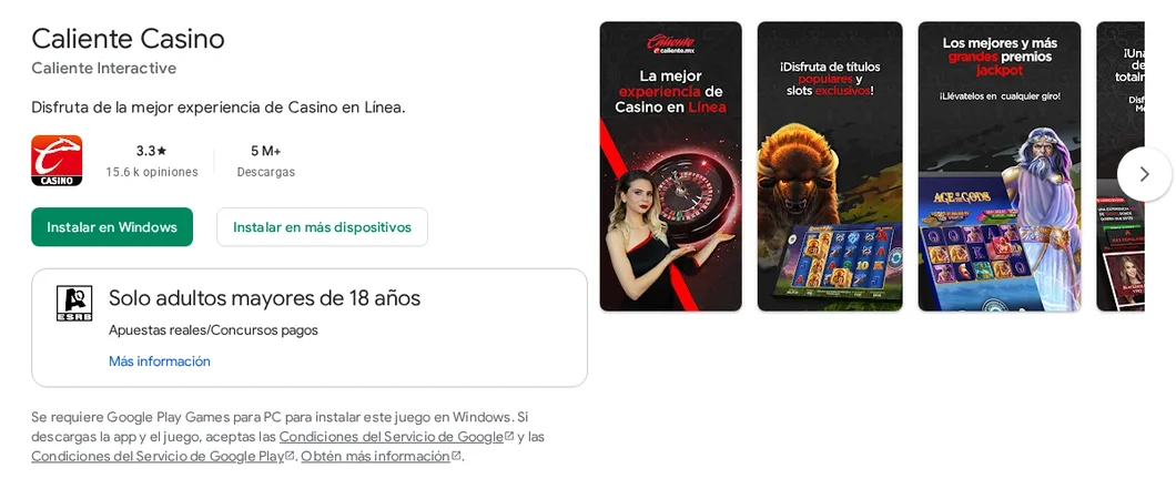 App oficial Caliente Casino en Google Play, de Caliente Interactive, con 3.3 estrellas y más de 5 millones de descargas