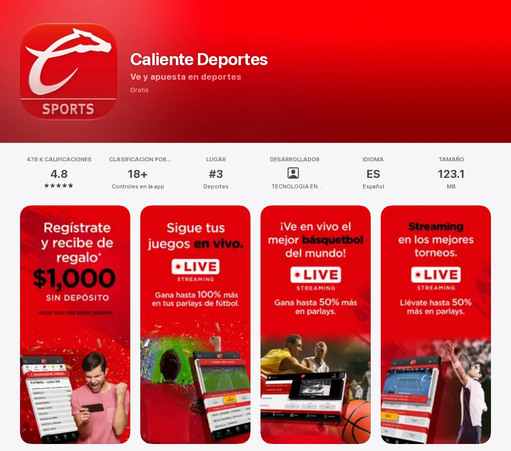 Ficha de Caliente Deportes en la App Store de México: 4.8 con 478 mil calificaciones, número 3 en Deportes y 123.1 MB