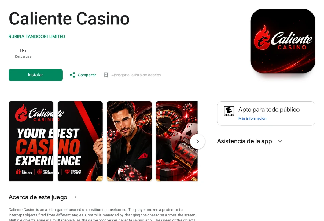 App falsa Caliente Casino de Rubina Tandoori Limited en Google Play, con más de mil descargas y apta para todo público