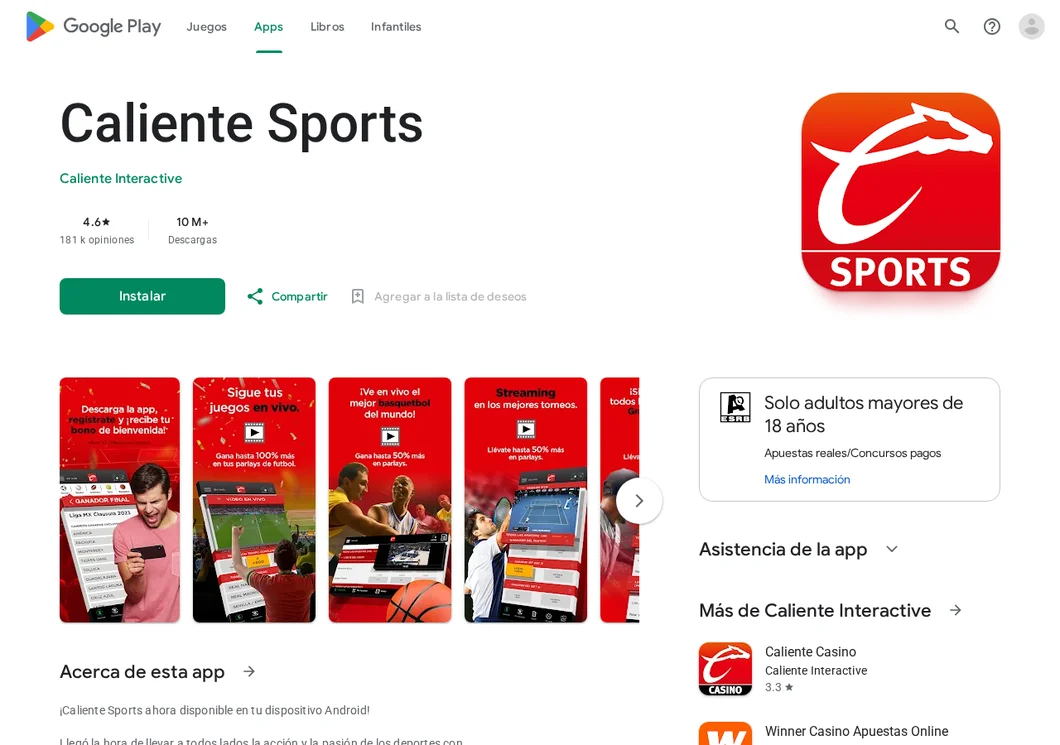 Ficha de Caliente Sports en Google Play: 4.6 con 181 mil opiniones, más de 10 millones de descargas, publicada por Caliente Interactive