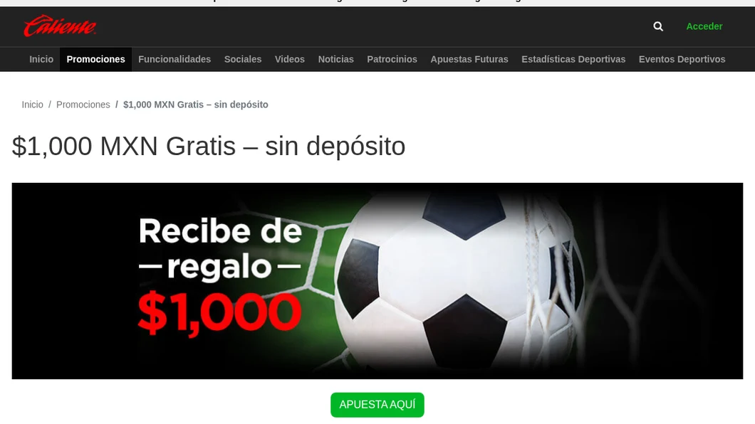 Página oficial del bono de $1,000 sin depósito de Caliente para deportes