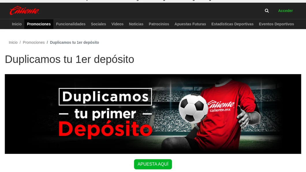 Página oficial del bono de bienvenida de Caliente: duplicamos tu primer depósito