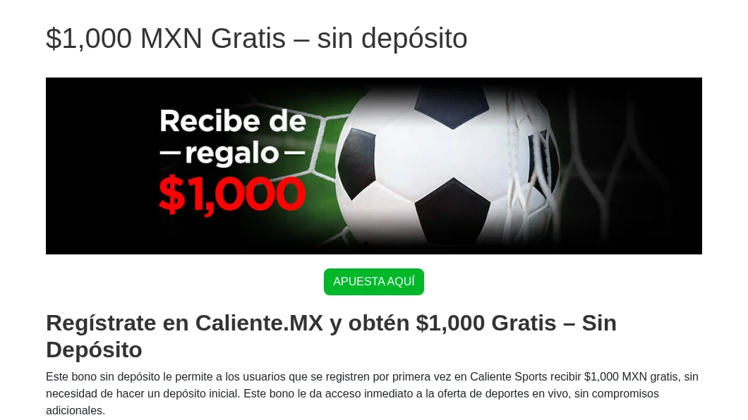 Página oficial de Caliente con el bono de $1,000 gratis sin depósito