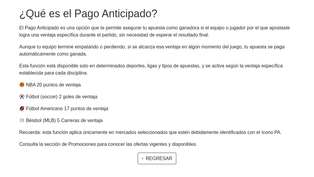 Página de ayuda de Caliente con la ventaja que pide el pago anticipado en NBA, fútbol, NFL y MLB