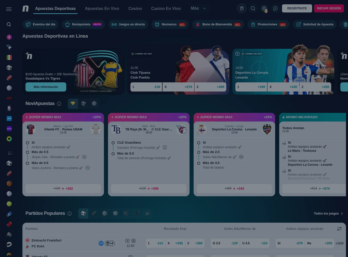 Portada de apuestas deportivas de Novibet México con Cambio de Oro y NoviApuestas