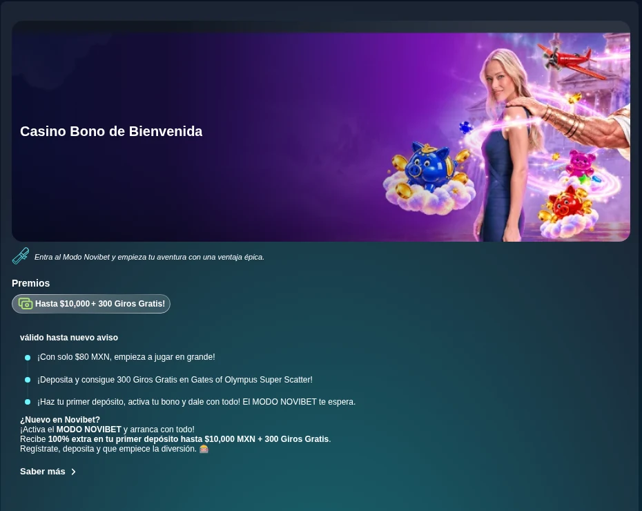 Bono de bienvenida del casino de Novibet: 100% hasta $10,000 y 300 giros gratis