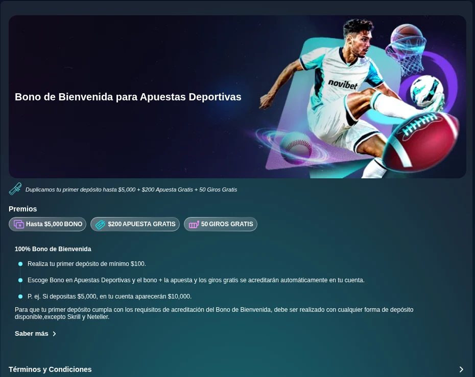 Bono de bienvenida de Novibet para apuestas deportivas: 100% hasta $5,000, $200 en apuesta gratis y 50 giros gratis