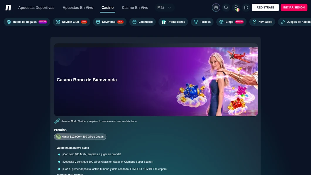 Página oficial del bono de bienvenida del casino de Novibet: hasta $10,000 y 300 giros gratis