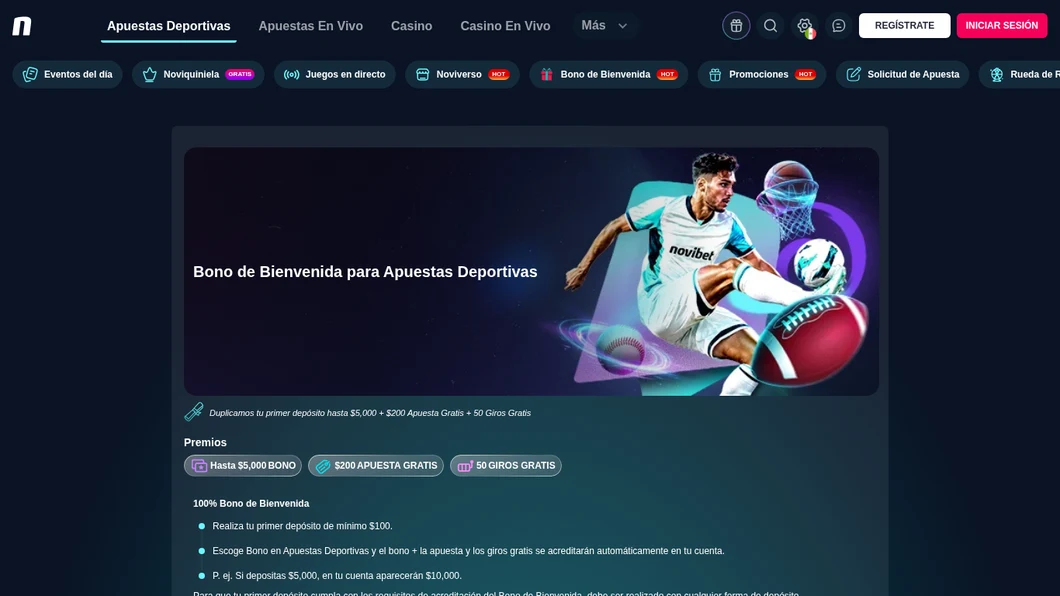 Página oficial del bono de bienvenida de Novibet para apuestas deportivas: hasta $5,000, $200 en apuesta gratis y 50 giros
