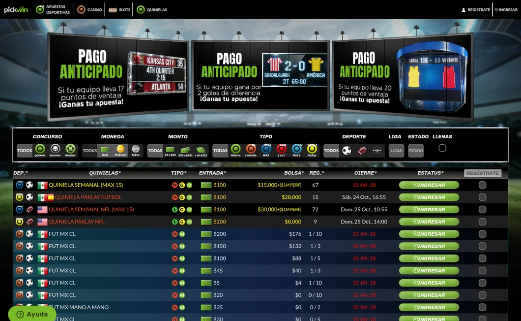 Lobby de quinielas de Pickwin con quinielas semanales de Liga MX y NFL, sus entradas y bolsas acumuladas