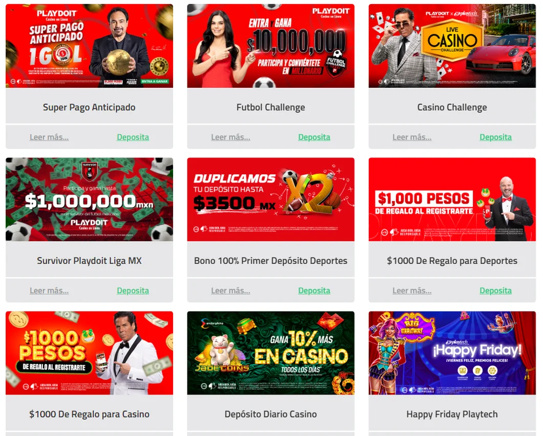 Página de promociones de Playdoit con Super Pago Anticipado, Survivor Liga MX, bono del 100% hasta $3,500 y $1,000 de regalo al registrarte
