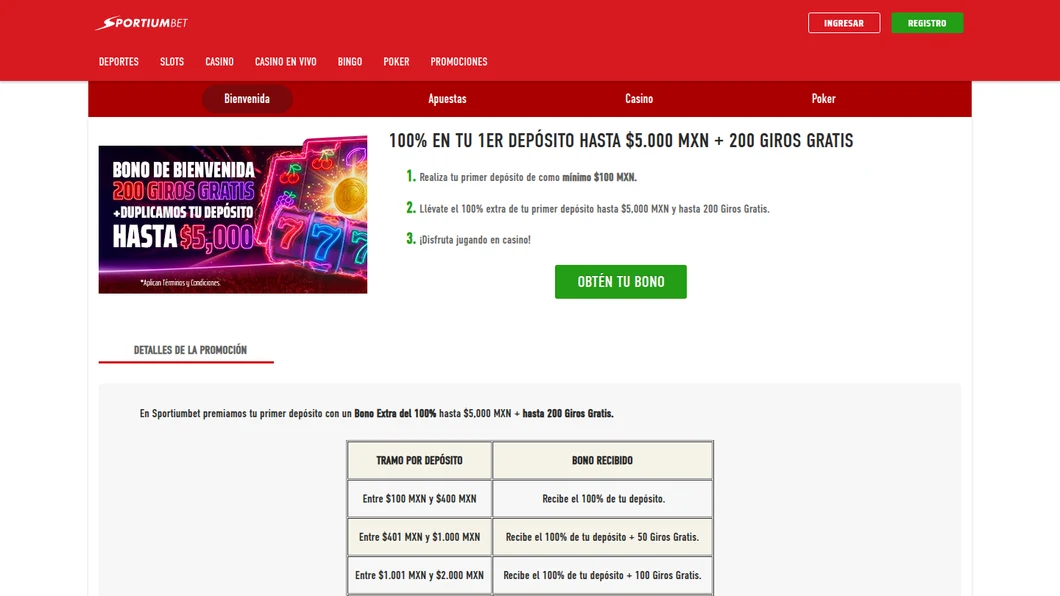Bono de casino de Sportiumbet: 100% hasta $5,000 y hasta 200 giros gratis según el depósito