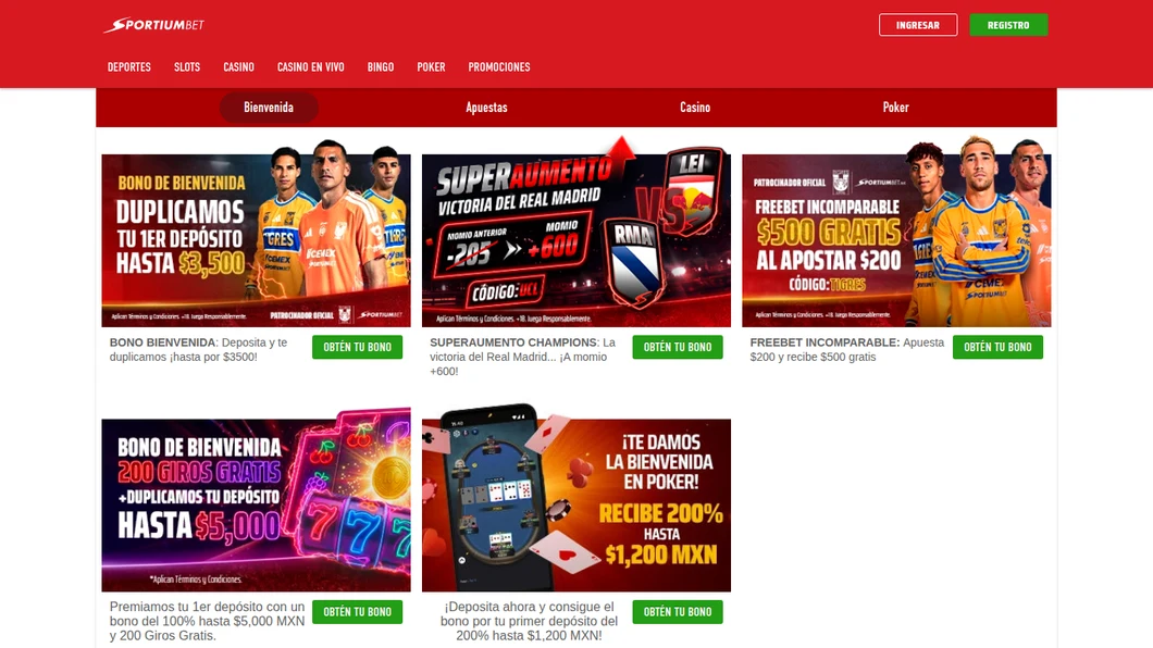 Página de bonos de bienvenida de Sportiumbet: deportes hasta $3,500, freebet de $500, superaumento, casino hasta $5,000 y póker 200%