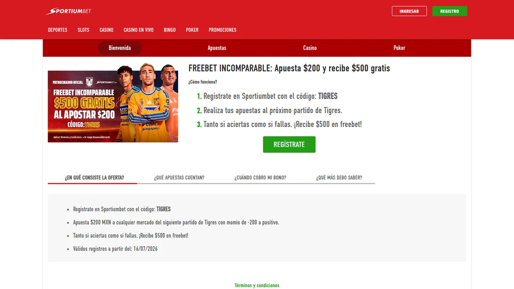 Promoción Freebet Incomparable de Sportiumbet con el código TIGRES: apuesta $200 y recibe $500 gratis