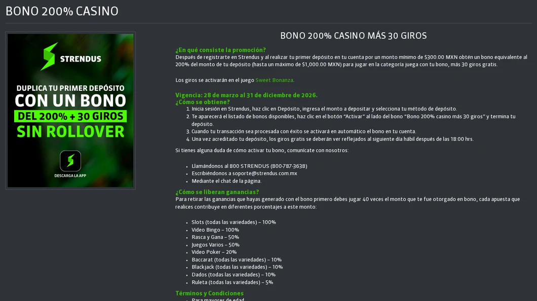 Página oficial del bono de bienvenida de Strendus: 200% en casino más 30 giros