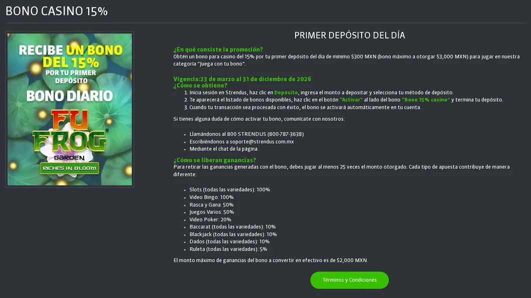 Página oficial del bono casino del 15% de Strendus