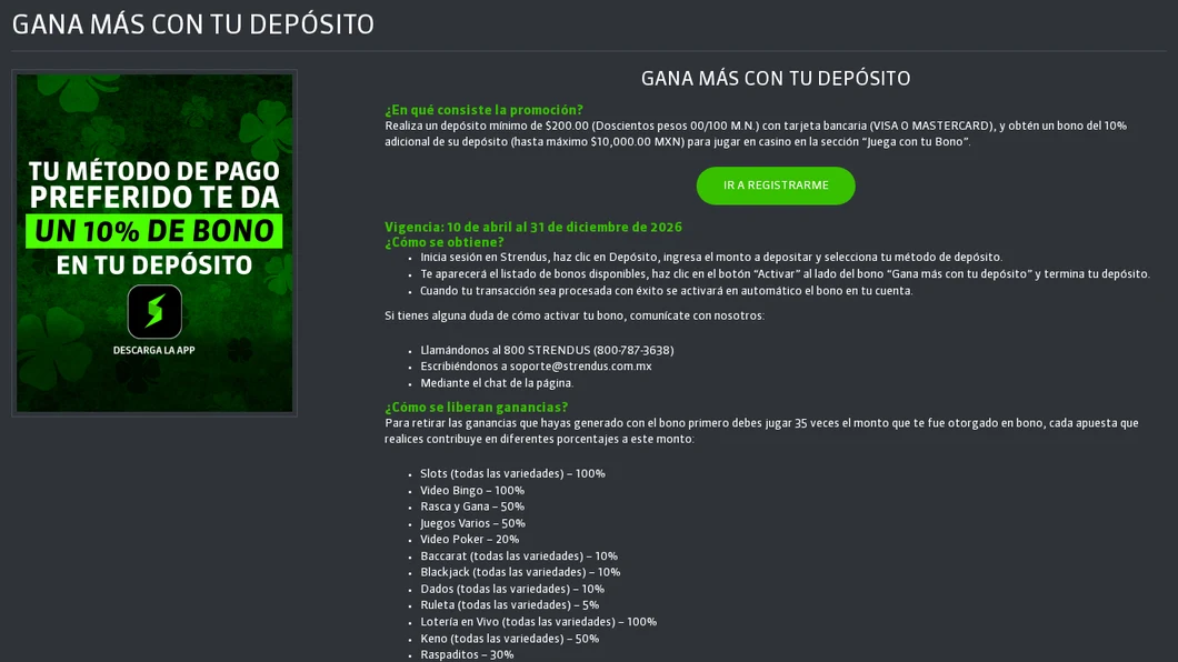 Página oficial de Gana más con tu depósito de Strendus