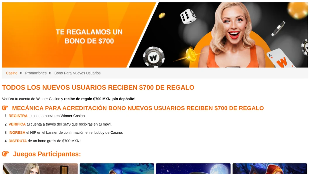 Página oficial del bono de $700 sin depósito de Winner Casino
