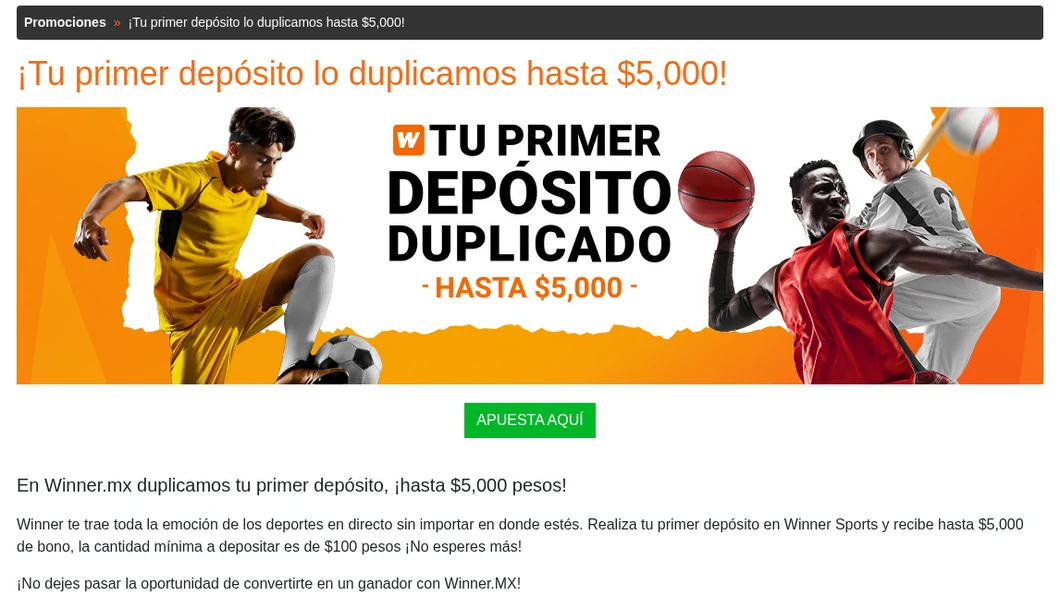 Página oficial del bono de bienvenida de Winner: tu primer depósito duplicado hasta $5,000